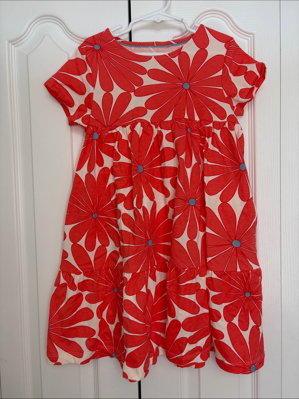 Mini Boden Girls Red Orange Floral Babydoll Tiered Dress 7-8